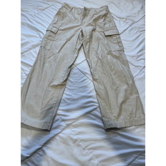 Uniqlo Women's Wide Straight Leg Cargo Pants 100% Cotton Khaki Beige Size Large - Picture 1 of 3
